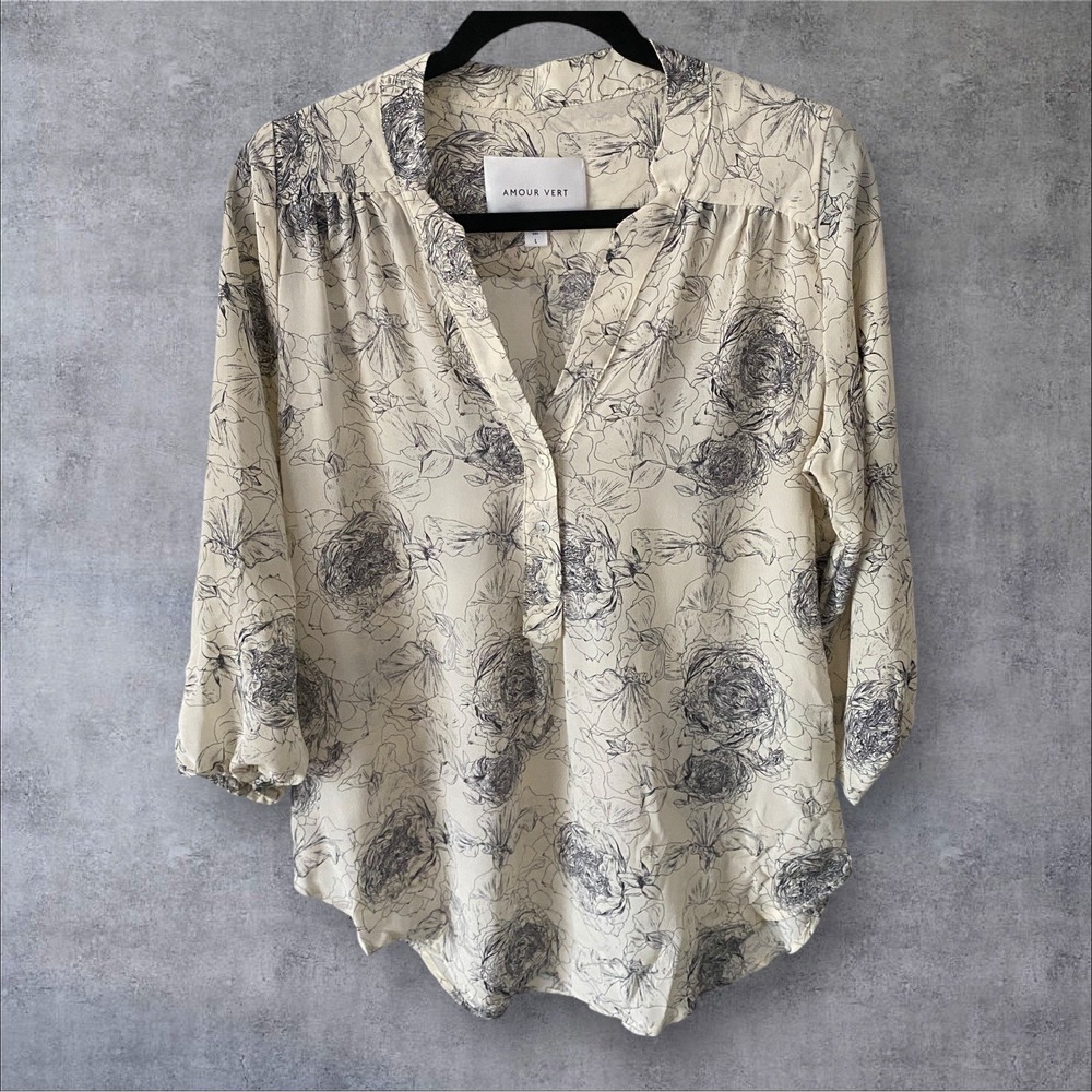 Amour Vert Women Blouse Washable Silk Demure Fairy Boho Floral Cottagecore Large